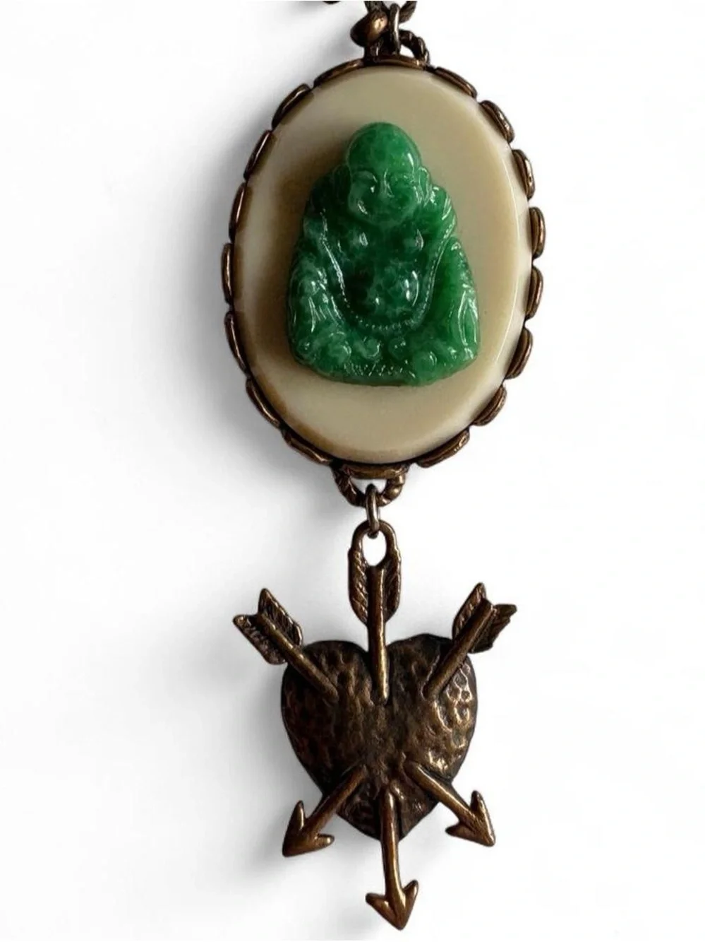 Signed Love Heals Jade Green Buddha Bronze Sacred Heart Bohemian Necklace 🌳